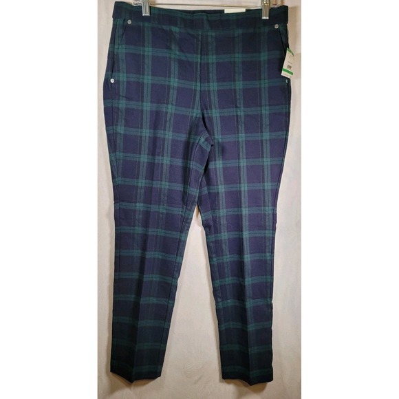 Anne Klein Pants Stretch Green Navy Striped Slash Pockets Slim Ankle Size Large - Picture 2 of 9